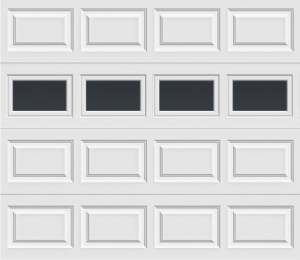 short panel door with plain short panel windows in 3rd section windows