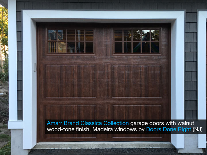 amarr brand classica collection garage door with cortona panels, madeira windows, walnut finish, front view