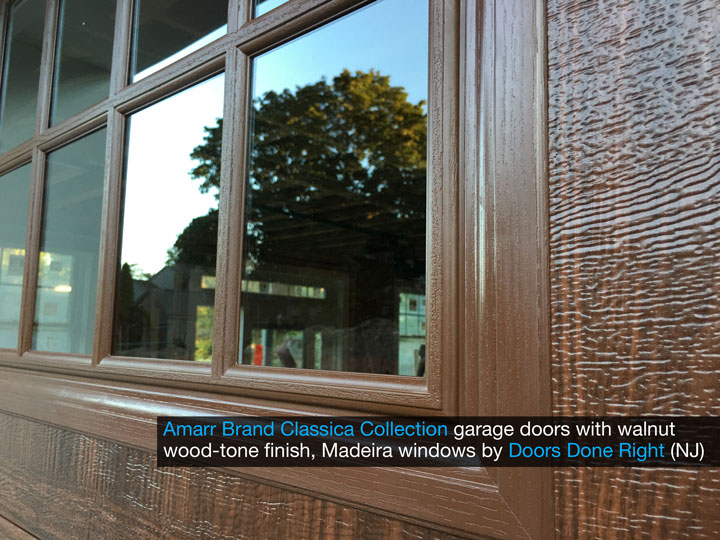 amarr brand classica collection garage door with cortona panels, madeira windows, walnut finish, window close-up