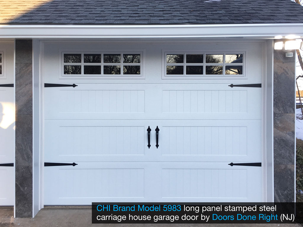 chi brand model 5983 stamped steel garage door with stockton windows - front view