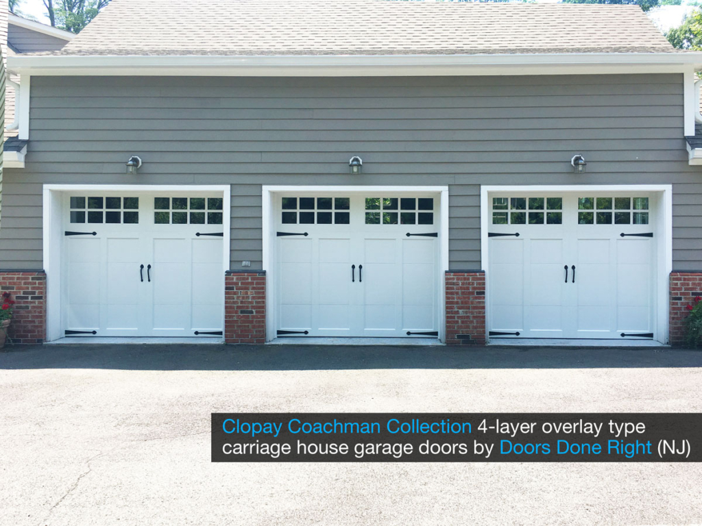 clopay brand coachman collection overlay type carriage house garage doors in design 12 with sq24 windows front view