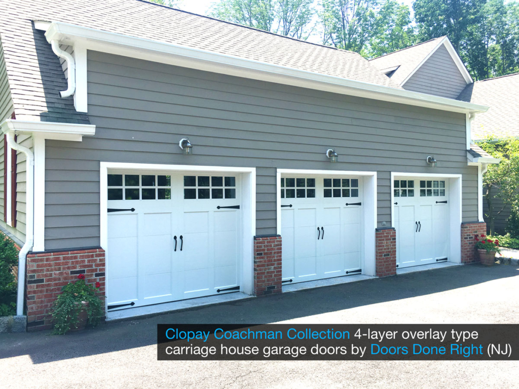 clopay brand coachman collection overlay type carriage house garage doors in design 12 with sq24 windows angled view