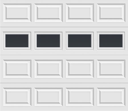 short panel door with plain short panel windows in 3rd section windows