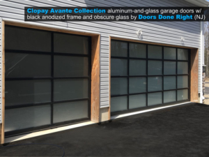 Clopay Avante aluminum and glass garage doors with black anodized frame and obscure glass outside