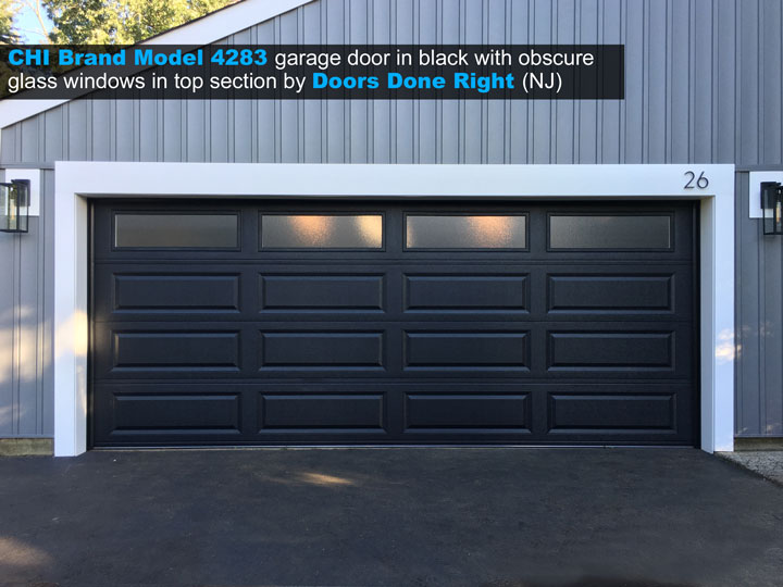 CHI brand model 4283 garage door in black with obscure long panel windows in top section - front view