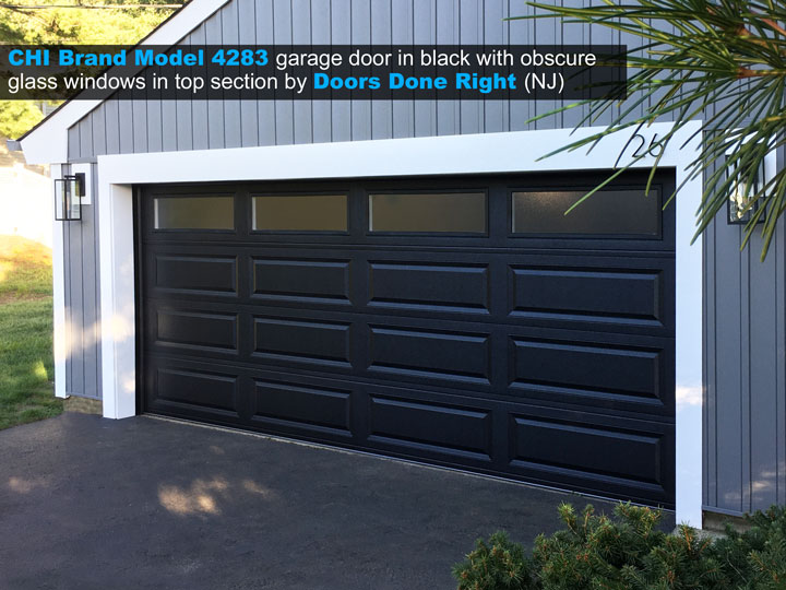 CHI brand model 4283 garage door in black with obscure long panel windows in top section - side view