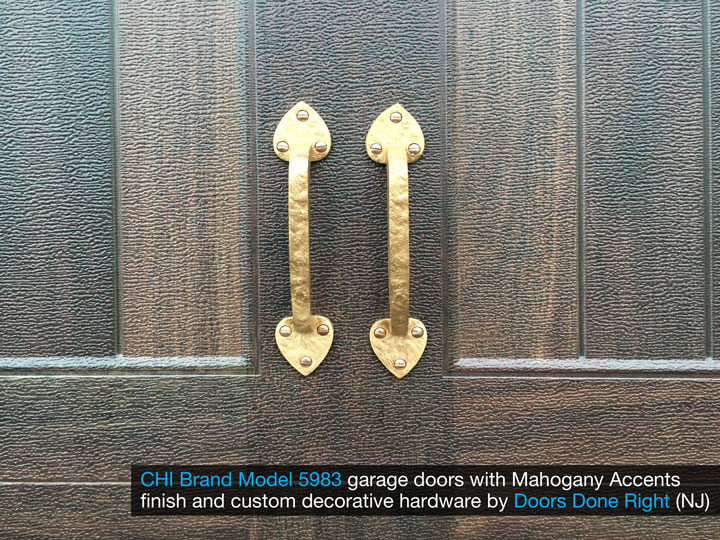 chi model 5983 garage door with mahogany accents finish and customer decorative hardware - closeup with hardware