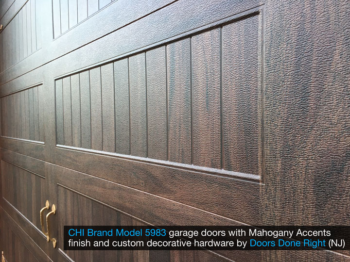 chi model 5983 garage door with mahogany accents finish and customer decorative hardware - closeup