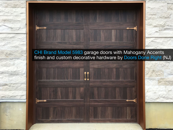 chi model 5983 garage door with mahogany accents finish and customer decorative hardware - front view