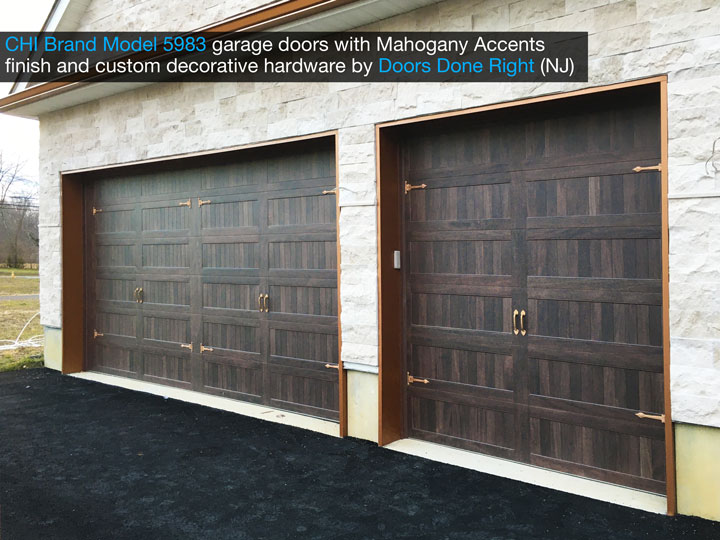 chi model 5983 garage door with mahogany accents finish and customer decorative hardware - side view