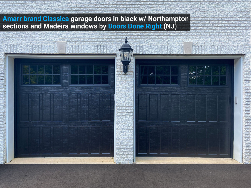 Amarr brand Classica garage doors in black w/ Northampton sections and Madeira windows two door view