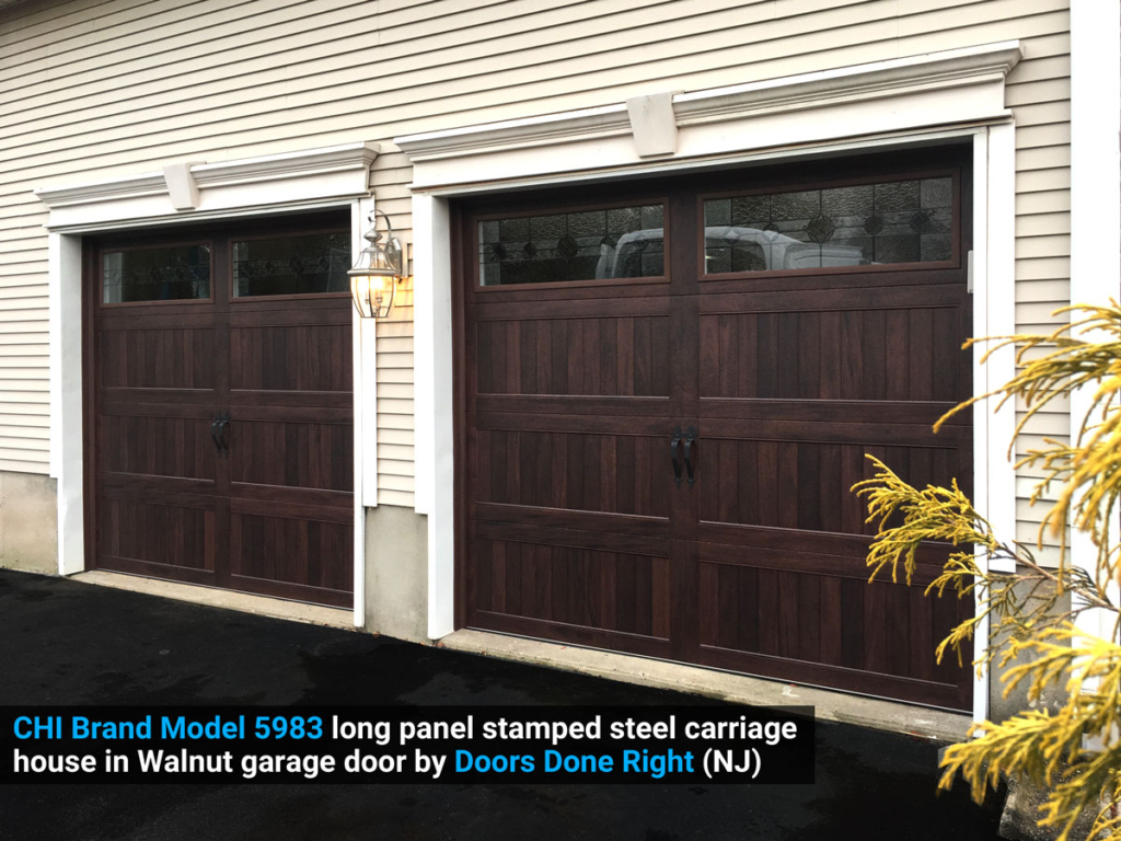 CHI Model 5283 Garage Doors in Walnut Accents with Newport Windows in Somerset, NJ angle view