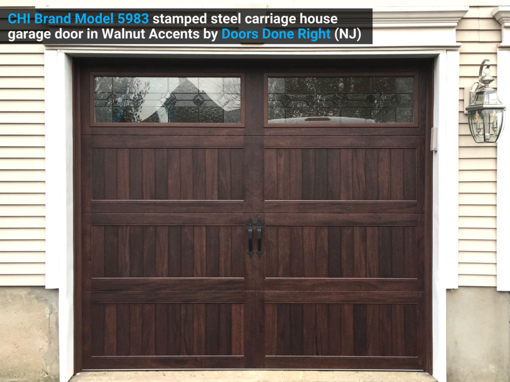 CHI Model 5283 Garage Doors in Walnut Accents with Newport Windows in Somerset, NJ front view