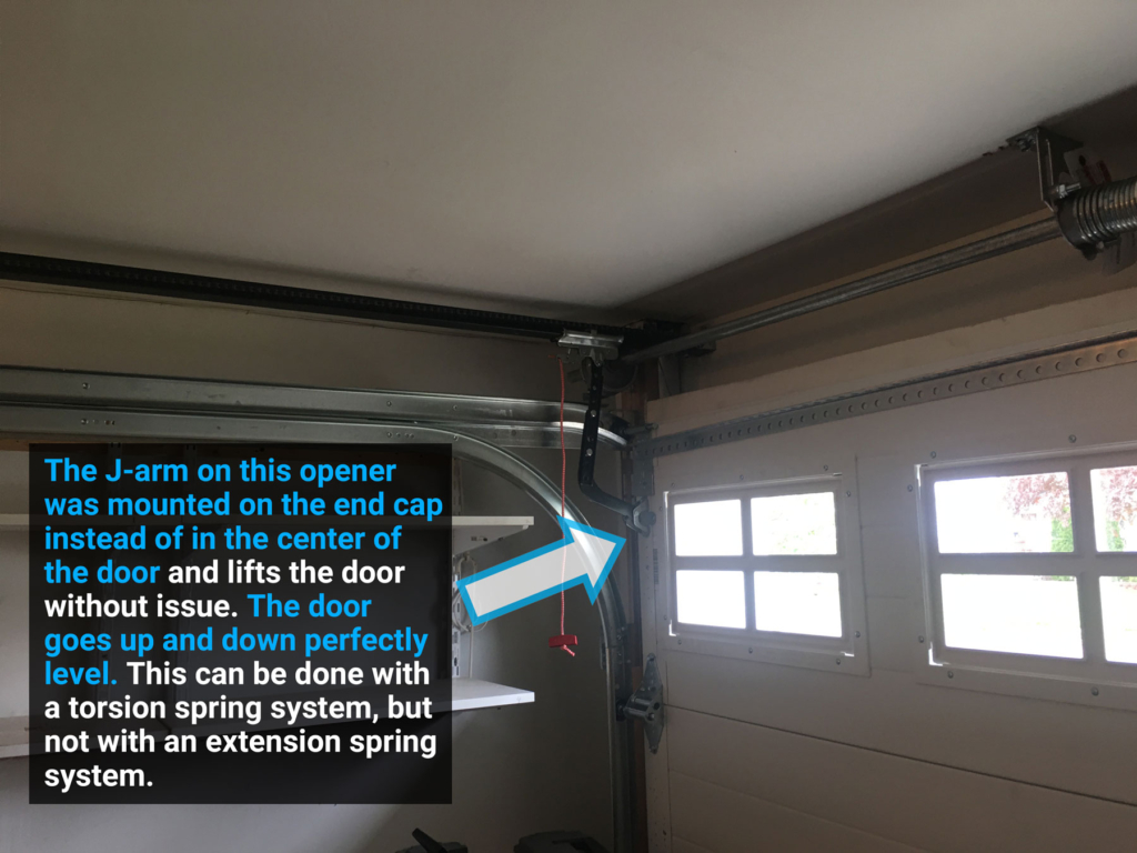 garage door j-arm mounted to end cap of garage door instead of in the center of the door